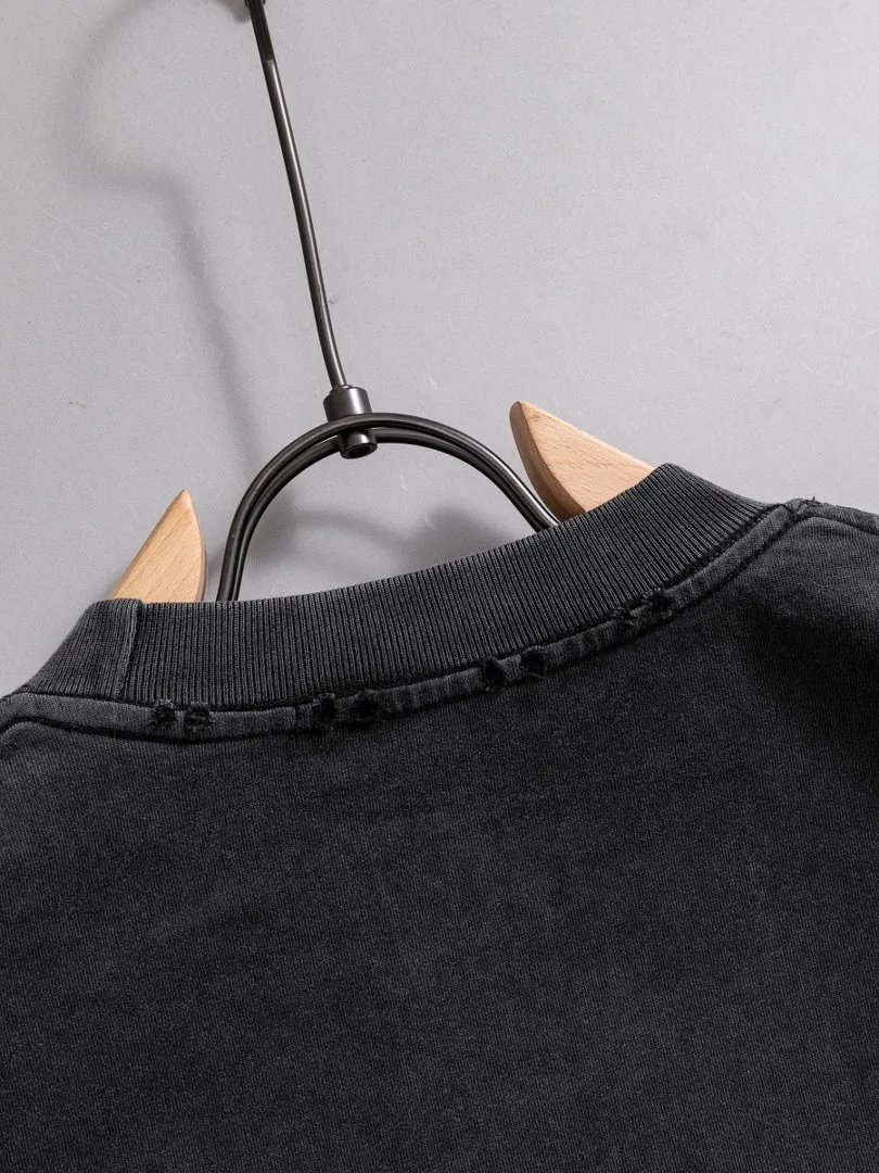 P100✨🔥 [balenciaga] 2026FW short-sleeved T-shirt Premium 26s double yarn 300g fabric, washed with Ma Liang distressed process Color: washed black, washed white, washed Khaki Size: S M L XL 2XL